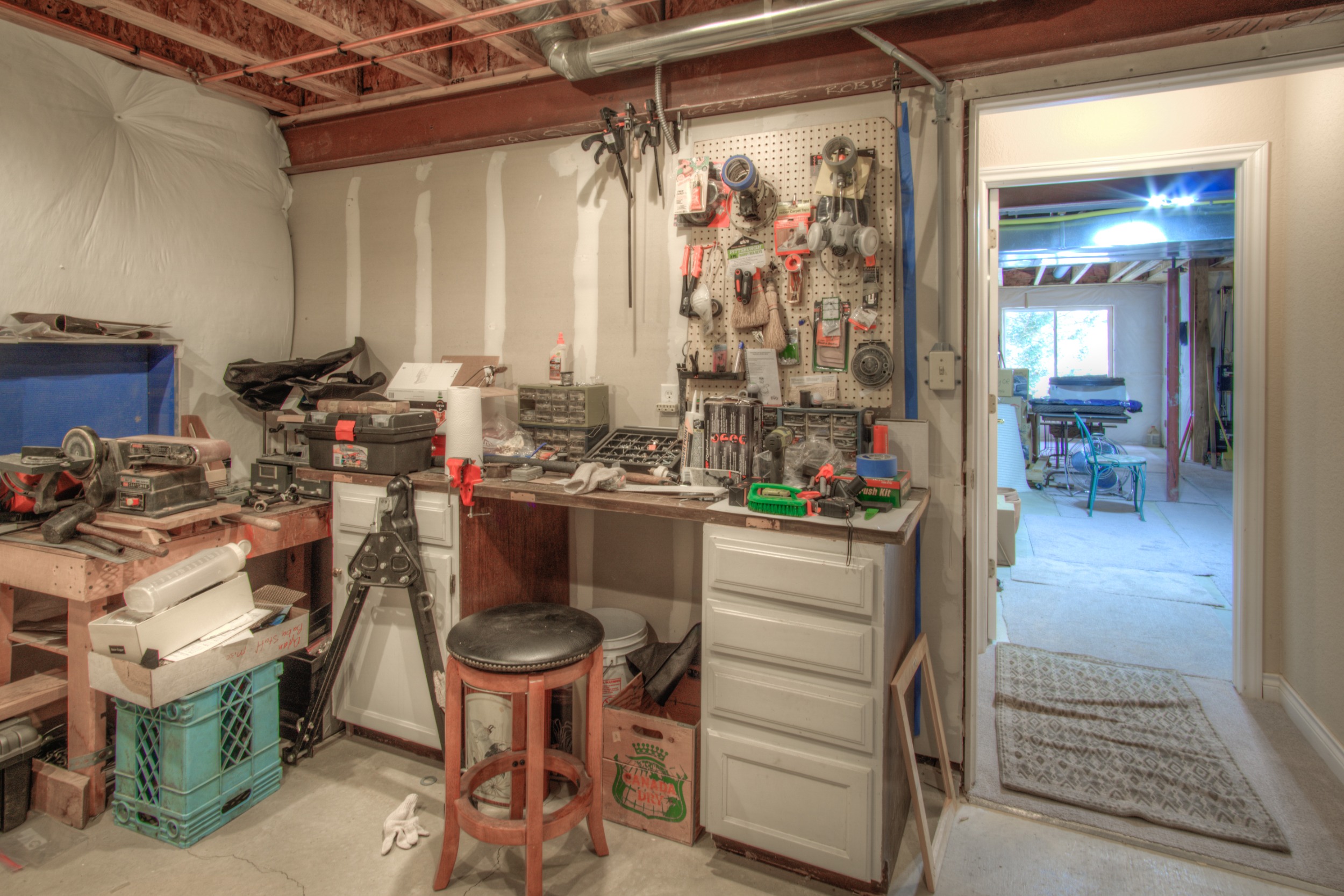Workshop area in unfinished basement