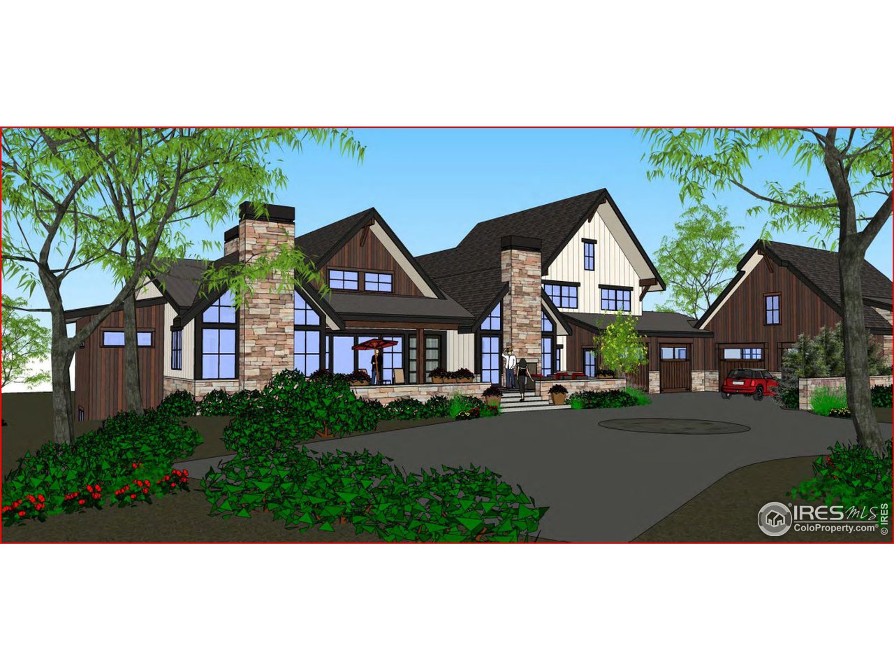 Front elevation with a multi car garage, facing the west with vast seating for entertaining