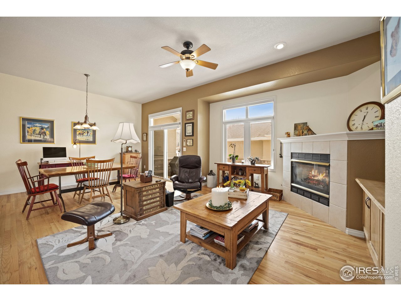 Family room, fireplace, and dining adjoining the kitchen