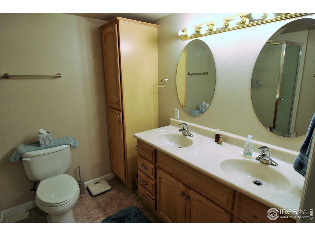 3/4 basement bath includes a double vanity and linen cabinet.